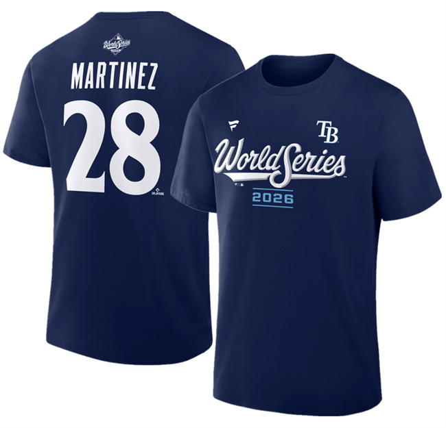 Men's Navy Tampa Bay Rays #28 Nick Martinez 2026 World Series Name & Number T-Shirt